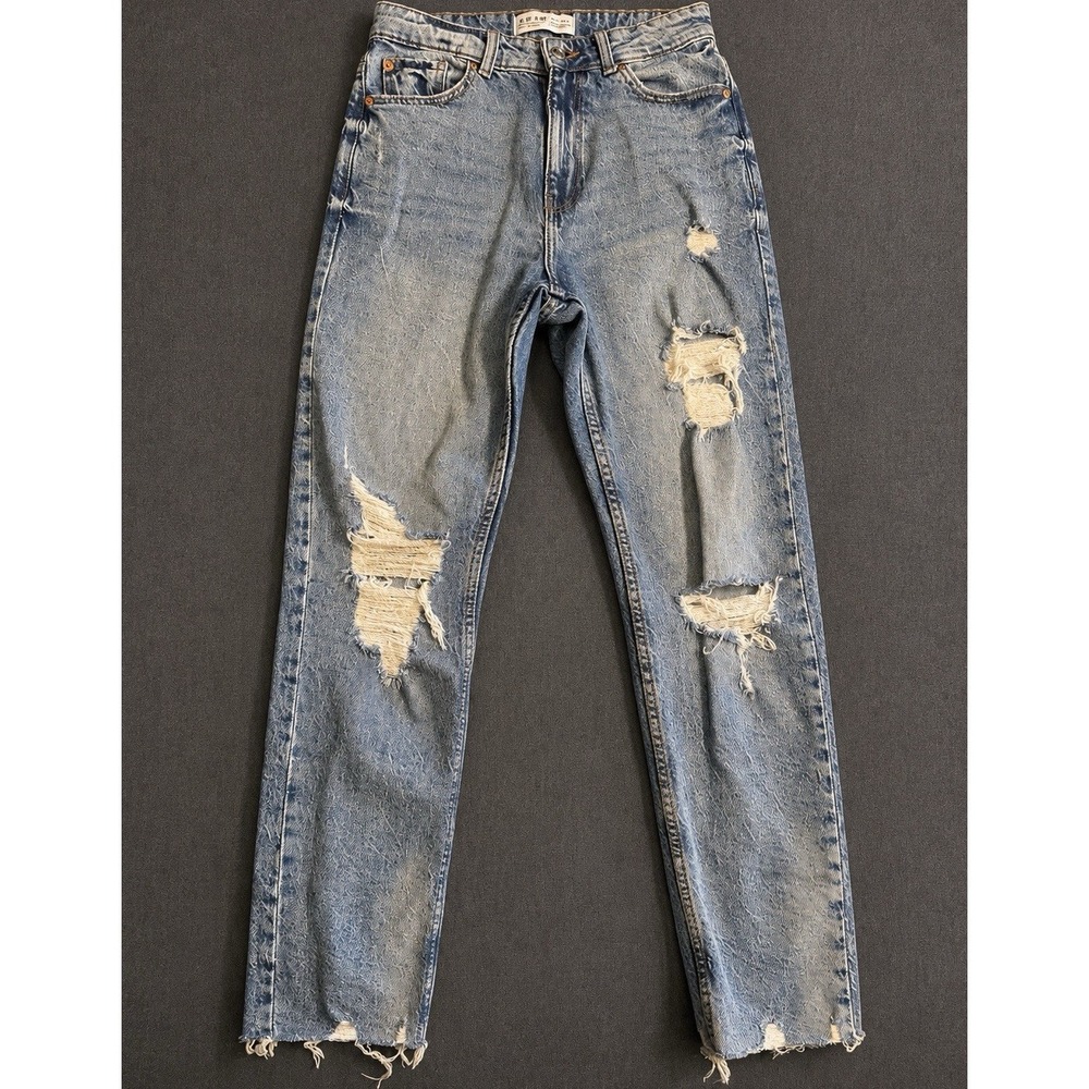 Primark Women's Blue Light Wash Distressed Straight High Rise Cotton Jeans 8